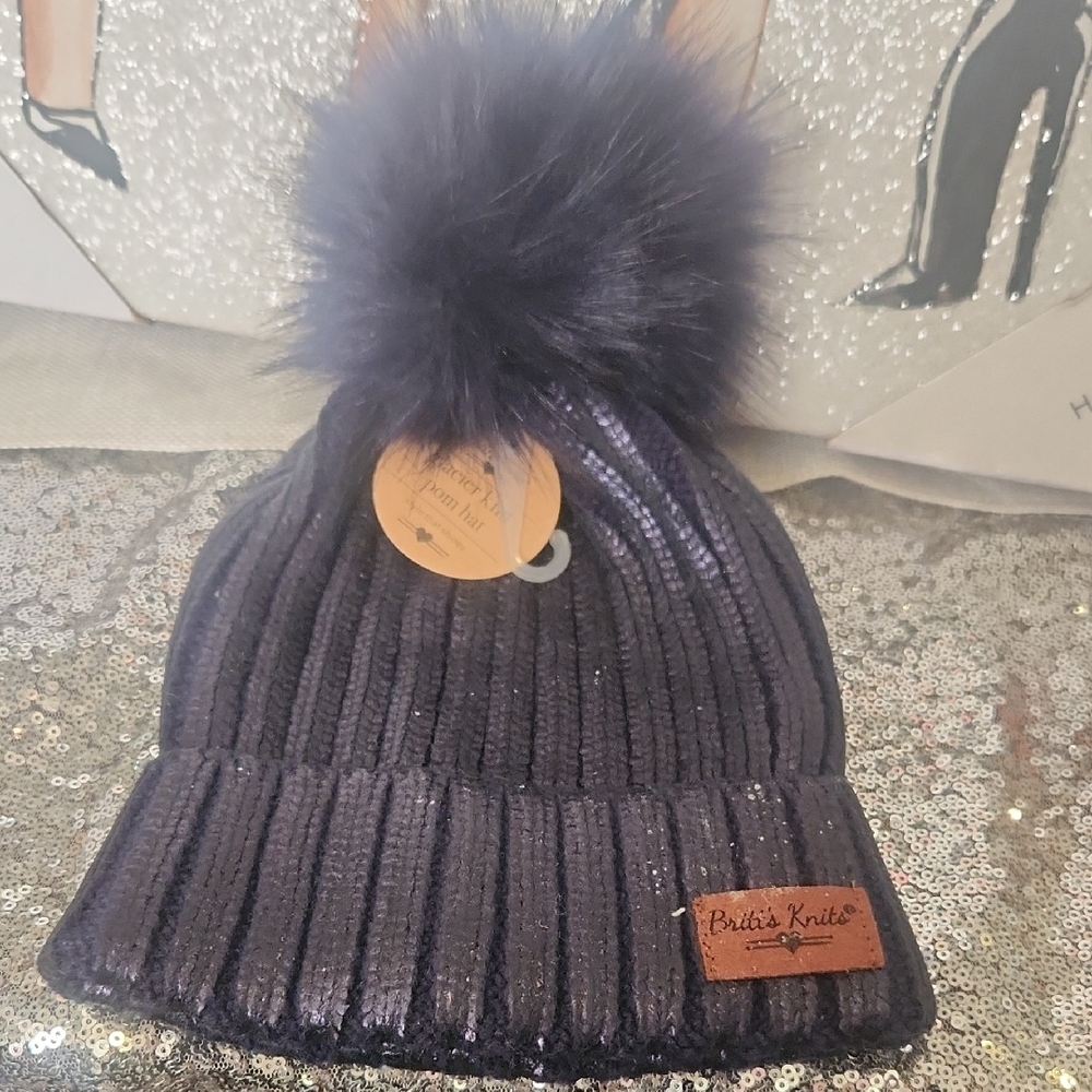 Britts Knits Knit Women's Shiny Blue Pom-Pom Beanie NWT